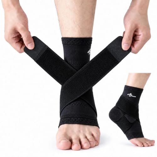 ABIRAM Ankle Brace Compression Sleeve with Adjustable Support Strap - color: Black, size: Large