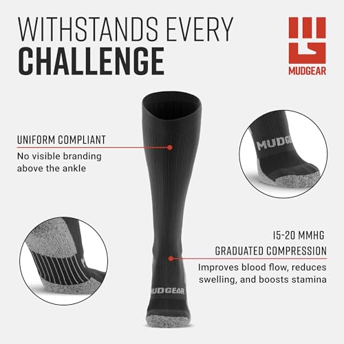 MudGear Graduated Compression Socks, Durable, Sweat-Resistant OCR Performance Socks with Cushioned Footbed, Made in USA - color: All Black, size: Small