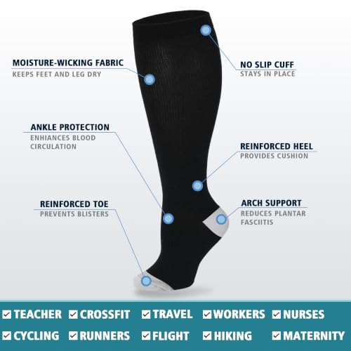 3/4 Pairs Wide Calf Compression Socks for Women Men 20-30 mmHg Knee High - color: Black, size: 3X-Large