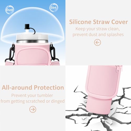 AceTreker Water Bottle Carrier Bag with Strap for Stanley 40/30 oz Tumbler Neoprene Insulated Cup Holder Sleeve with Phone Pocket & Straw Cover for Stanley Cup Accessories - color: 01-Classic Light Pink, style: 40 Oz