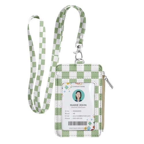 bolimoss Lanyard Wallet with ID Badge Holder, Small Keychain Wallet for Women, Pu Leather Slim Credit Card Holder with Breakaway Neck Lanyard for Teacher Student School Work Office - color: Mint Green Checkerboard