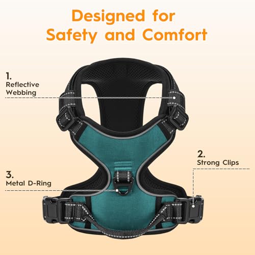 No Pull Dog Harness, No-Choke Soft Padded Reflective Dog Vest Harness with Front Clip & Top Handle, 2 Quick-Release Buckles, Adjustable for Small Medium Large Dogs - color: Glacial Teal, size: X-Small