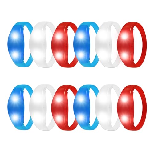 12 Pcs LED Glow Bracelets Sound Activated Flashing Light Up Bracelet for New Years Eve Glow in the Dark Party Supplies Christmas Party Favors Birthday Gift Carnival Concerts Night Events - color: RedBlueWhite