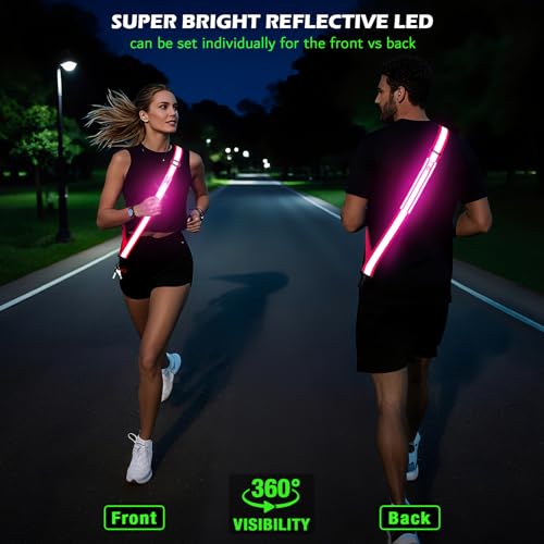 LED Belt Reflective Sash for Walking at Night, High Visibility Reflective Running Gear Night Walking Safety Gear LED Light Up Running Belt Reflective Gear for Runners Walkers Men Women - color: Pink