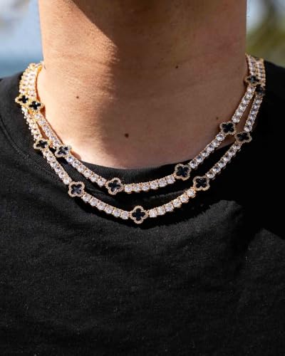 LuxeFlex 4mm Iced Out Four Leaf Tennis Chain,White Gold Plated with 5A Zircon Stones, exquisite Handmade Hip Hop Bling Necklace Perfect Unisex Jewelry Gift - color: Gold, size: 16 INCH