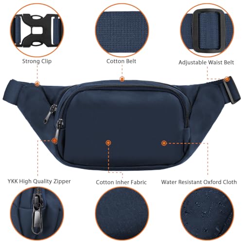 Large Fanny Pack for Women Men - Syican Waist bag with 3-Zipper Pockets - color: Dark Blue+Extended Belt