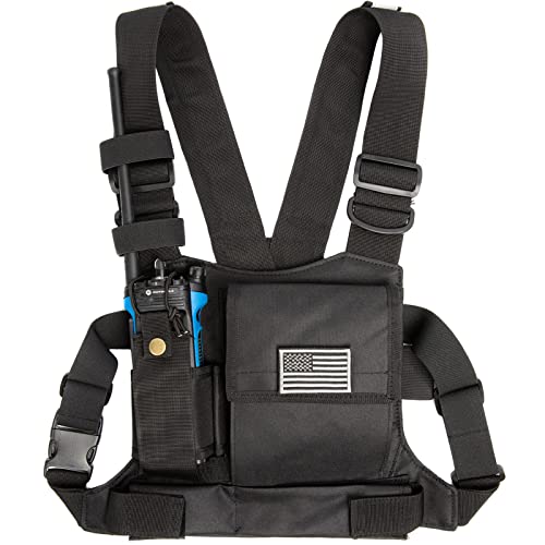 LUITON Radio Chest Harness with Reflective Strips Shoulder Holster Radio Vest Holder Two Way Radio Vest Rig Walkie Talkie Case with Front Pack Pouch for Motorola/Midland/Baofeng/Retevis - color: 22165 Black
