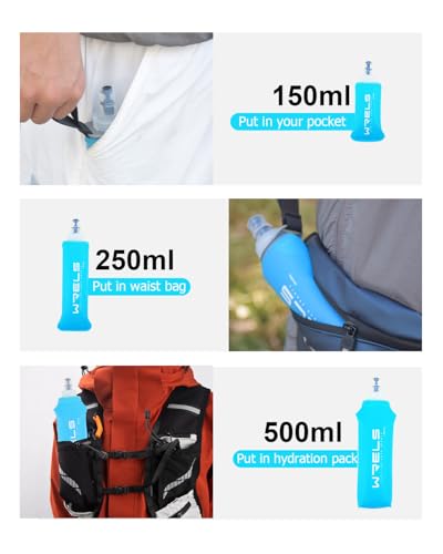 WRELS TPU Soft Flask Lightweight Portable Reusable Water Bottle,BPA Free Collapsible Flask for Hydration Pack in Running Hiking Cycling and Marathon - color: Light Blue-500ML*2