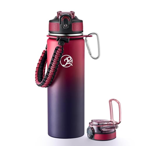GOSWAG 24oz Insulated Stainless Steel Travel Water Bottle, 2 Lids - color: Red-Blue Ombré