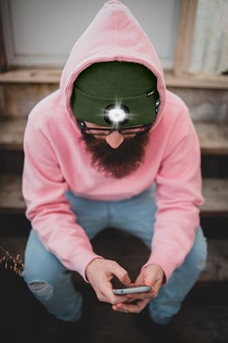 ATNKE LED Lighted Bluetooth Beanie Hat,USB Rechargeable 4 LED Wireless Music Running Headlamp Cap Gift for Men and Women - color: #Dark Army Green