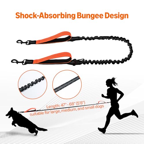 Amazon Basics Hands Free Dog Leash with Running Bag, Adjustable Waist Belt, Dual Padded Handles, Reflective Bungee Leash for Walking, Jogging, Hiking, Fits Small to Large Dogs (Up to 150 lbs)