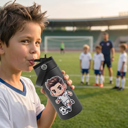 14 oz Insulated Water Bottle with Straw Lid and Handle, Spill Proof Double Wall Vacuum Keeps Cold 24H, Small Cute Metal Stainless Steel with Handle Cup for School,Sports & Outdoors - color: Soccer player