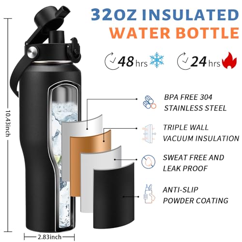 32 oz Insulated Water Bottle Fits Car Cup Holder with Straw Lid & Auto Lid - color: Onyx Black, size: 32 Ounces