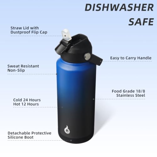 BJPKPK 2 Pack 32oz Insulated Water Bottles with Straw Lids, Stainless Steel - color: 2 X Black Blue, size: 32 Ounces
