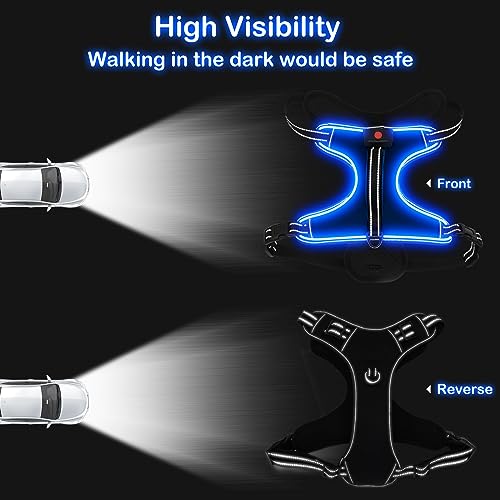 LED Light Dog Harness, X-Large, Black-Blue, No-Pull, Rechargeable, for Large Dogs - color: Black-Blue, size: XL