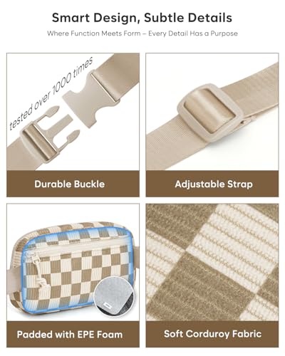 Pritent Fanny Packs for Women Crossbody Belt Bag With Zipper Back Pocket - color: Checkered Khaki, size: Small