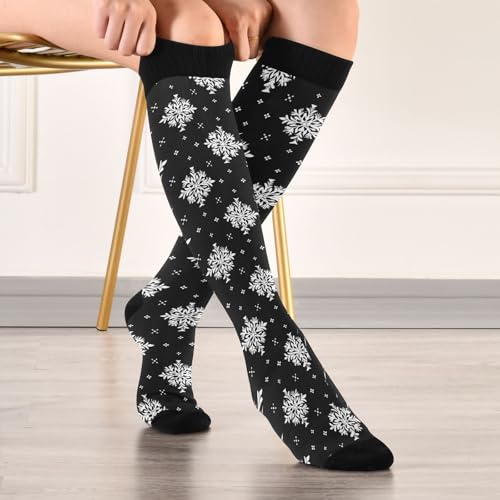 Snowflake Red Christmas Compression Sock for Women Men Funny Support Knee High Socks Running,Nurses,Travel - color: Black Snowflakes