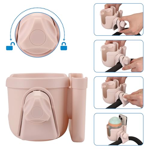 Accmor Stroller Cup Holder with Phone Holder, Bike Cup Holder, Walker Scooter Wheelchair Cup Holder Attachment, Universal Cup Holder for Uppababy Graco Strollers - color: All Crystal Pink