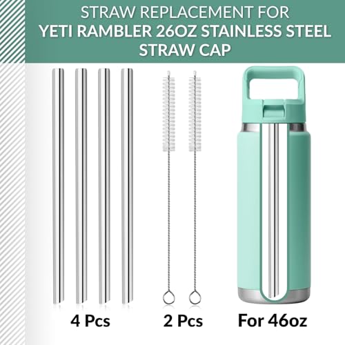 4PCS Replacement Metal Straw for YETI Rambler Jr. Water Bottle, Reusable Stainless Steel Replacement Straws with 2PCS Cleaning Brushes Compatible with YETI Rambler Jr. Bottle (26oz) - size: 26oz