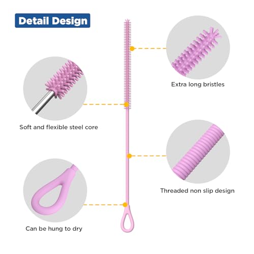 YOTIME Silicone Straw Cleaner Brush, 2Pcs Reusable Straw Brush, Pink - color: Pink