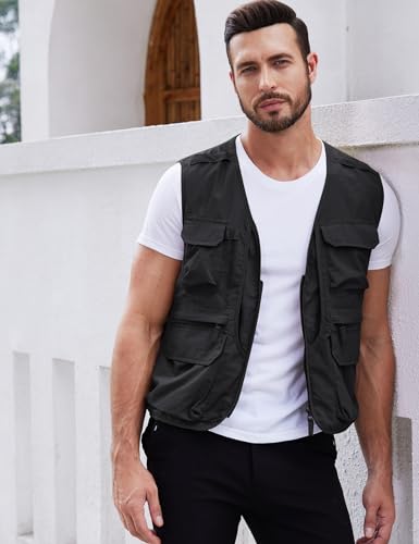 Gihuo Mens Fishing vest for Safari Utility Cargo with Pockets - color: Black, size: Large