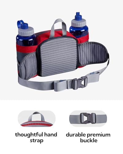 WATERFLY Fanny Pack Waist Bag: Fannie Pack 2 Water Bottle Holders Lumbar Belt Hiking Walking Running Jogging Camping Large Woman Man (Bottle Not Included) - color: Red