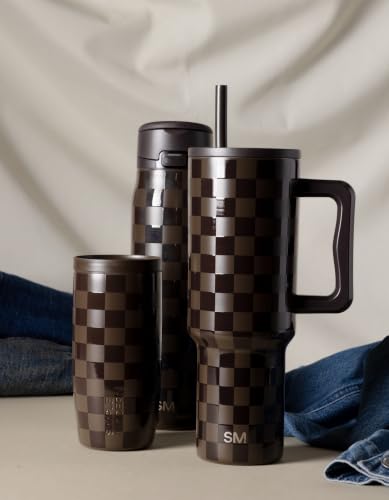 Simple Modern Water Bottle with Straw & Handle | 24oz | Checkered - color: - Pattern: Espresso Checkmate, size: 24 Ounces