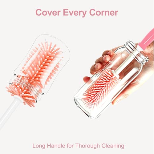 Bottle Brush Set 3-in-1, Including Long Handle Silicone Bottle Brush, Detail Cleaner, Straw Brush, Non Scratch Cleaning Brushes for Water Bottles, Tumblers and Glass (Pink) - color: Pink