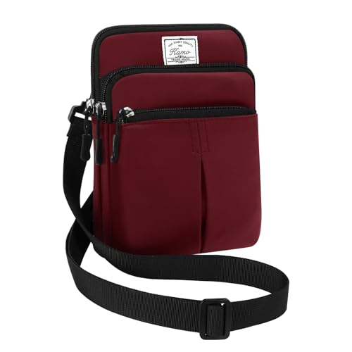 KAMO Multifunction Phone Waist Bag - One Shoulder Diagonal Cross Smart Case - Triple Zip Hipster Crossbody Purse for Women & Men - Outdoor - color: Crimson