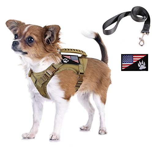Tactical Dog Harness with Leash Tactical Puppy Vest with Rubber Handle K9 Military Adjustable Pet Harness for Outdoor Training XS Dog Harness (Brown Harness with Leash) - color: Brown harness with leash