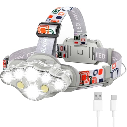 MIOISY 8 Led Headlamp Rechargeable, Super Bright Headlight Flashlight Gray - color: Gray