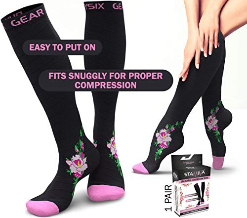 Physix Gear Compression Socks 20-30 mmHg - Men & Women - Running, Nurses, Shin Splints, Flight, Travel - color: Black/Pink Flower, size: Large-X-Large