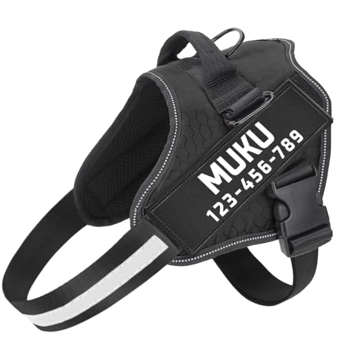 MUMUPET Custom Dog Harness with 2 Personalized Name & Phone Patches - color: Black-Custom, size: X-Small
