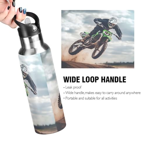 OTVEE Motocross Rider Water Bottle Sports Water Bottle Insulated Stainless Steel Hot Cold Water Mug with Straw Lid & Handle for Sports Gym 20 oz - color: Motocross Rider
