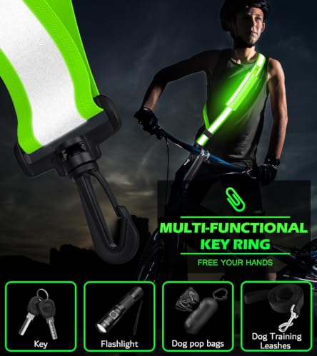 Ylzzrs LED Belt Reflective Sash for Walking at Night,High Visibility Adjustable Night Running Safety Gear,Light Up Running Belt Reflective Gear with Phone Bag/Armband for Runners Walkers Men Women - color: Green