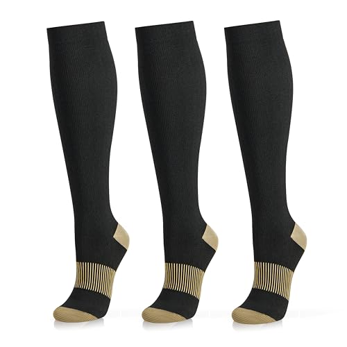 Compression Socks for Women and Men, 20-30 mmHg, Knee High, 3 Pairs - color: 05 Black Copper 3 Pack, size: XX-Large