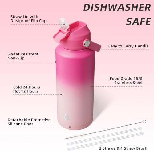 BJPKPK 32oz Insulated Water Bottle, Stainless Steel Bottle with Straw Lid - color: Cherry, size: 32 Ounces