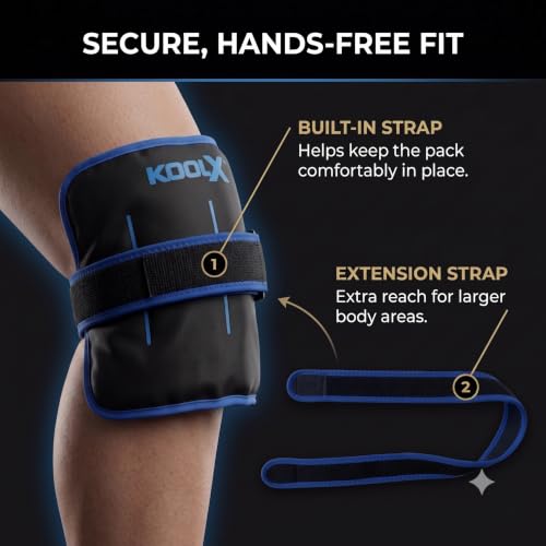 2 Pack KoolX Premium Gel Ice Packs for Injuries Reusable, Flexible Cold Wraps with Straps, Soft Plush & Nylon Sides, Extension Strap, Ice Pack for Knee, Back, Shoulder, Elbow & Calf - Medium + Large - size: Medium + Large - Combo Pack