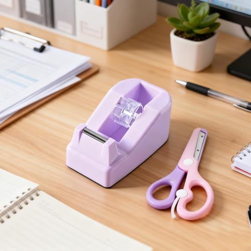 XEUZK Desktop Tape Dispenser Kits with Weighted Nonskid Base Tape Dispenser- Includes 9 Rolls of Transparent Tape(0.71 Inch x 500 inches Each) & Pink Scissors, 2 Pcs Tweezers (Purple) - color: Purple