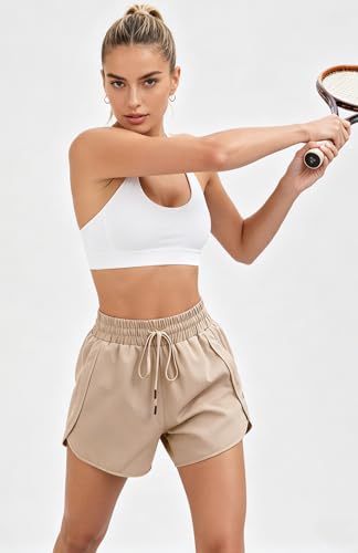 Halife Women's High Waisted Quick Dry Athletic Running Shorts with Pockets - color: Khaki, size: X-Large
