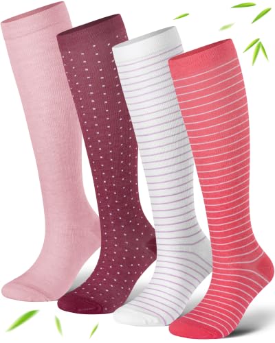 Bamboo Viscose Compression Socks|4Pairs 15-20mmHg Knee High Socks - color: Pink, size: Large-X-Large