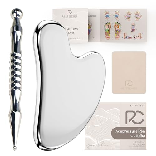 Rena Chris Acupuncture Pen and Gua Sha, Manual Reflexology Tools for Muscle Tension and Pain Relief, Acupressure Pen and Stainless Steel Gua Sha Set with Reflexology Chart, Easy to Use - size: 2 Piece Set