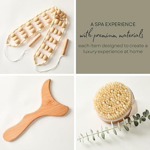 Abundantly Made 6-Piece Lymphatic Drainage Massage Kit | Dry Brush, Wooden Paddle, Rope Roller, Jade Gua Sha, Silicone Cup, Linen Bag & E-Book | Wood Therapy, Maderoterapia & Body Sculpting Tools