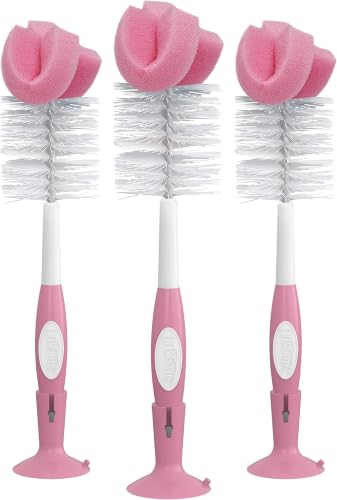 Dr. Brown's Reusable Sponge Baby Bottle Cleaning Brush Set with Suction Cup Stand, Scrubber and Nipple Cleaner, Pink (Pack of 18) - color: Pink Bottle Brush, size: 18-Pack
