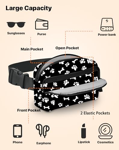 Paw Print Fanny Pack Fashion Belt Bag Lightweight Waist Pouch with Adjustable Strap Mini Crossbody Bags for Women Travel Sports Running - color: Black