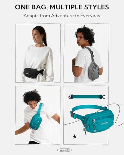 WATERFLY Small RFID Fanny Pack: 1.5L Waist Bag 12" Extender Belt for Hiking - color: Black