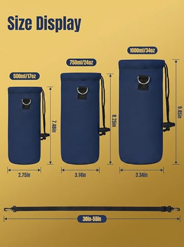 RICHEN Neoprene Water Bottle Carrier Bag with Adjustable Shoulder Strap,Insulated Water Bottle Cover for Stainless Steel/Glass/Plastic Bottles - color: Navy Blue, size: 500ml