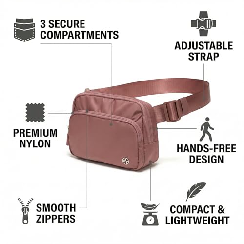 Pander Nylon Crossbody Belt Bag with Excess Strap Keepers, 6-Pocket Adjustable Sling Fanny Pack for Travel and Everyday Carry, Mauve Pink - color: Mauve Pink
