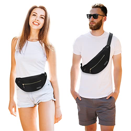 Fashion Cross body Fanny Pack Shoulder Bag for Women Men with Gold Zipper - color: Black(upgrade Fabric Gold Metal Zipper), size: Large