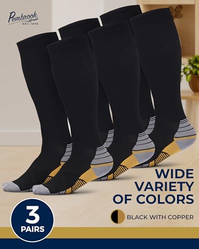 Pembrook 3 Pairs Compression Socks 20-30 mmHg - Compression Socks for Women and Men | Running, Athletic, Travel, Nurses - color: Black With Copper - 3 Pairs, size: X-Large